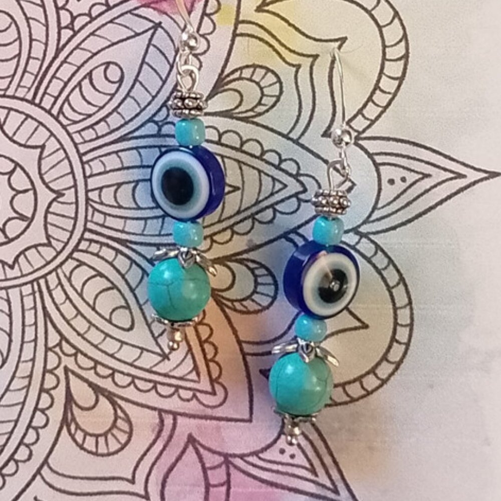 EVIL EYE WARD EARRINGS, Turquoise Magnesite, Bali-Style Accents SMALL SIZE
